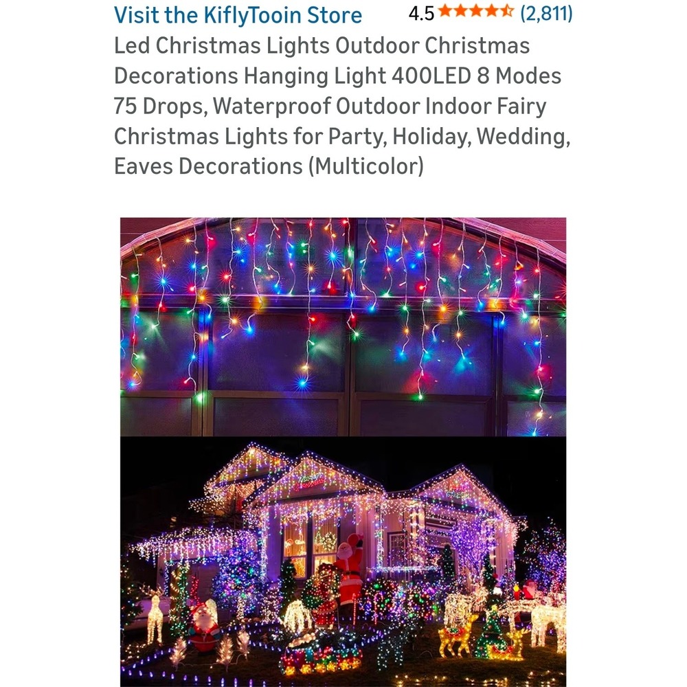 KiflyTooin 400 LED Multicolor Christmas Icicle Lights 32.8ft 8 Modes Waterproof